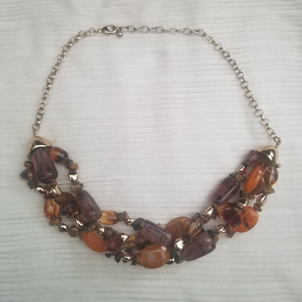 Multi-Strand Stone Plastic Beaded Necklace Tiger’s Eye Gold Tone